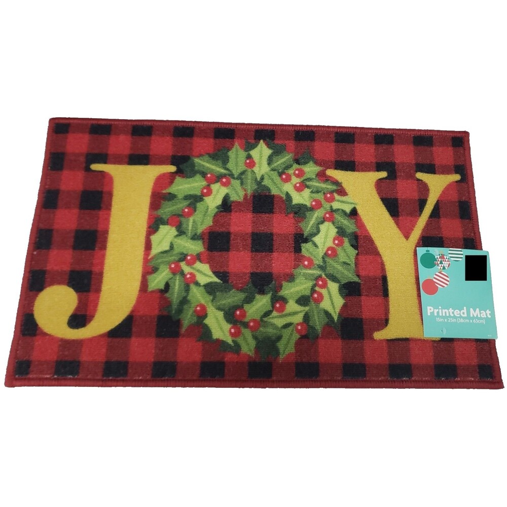 Printed Kitchen Nylon Rug (15"x25") CHRISTMAS JOY WREATH ON BUFFOLO CHECK, MB